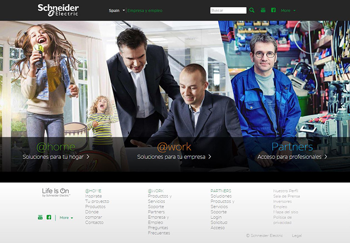 El nuevo portal segmenta las soluciones de Schneider Electric en tres categorías: @home, @work y Partners