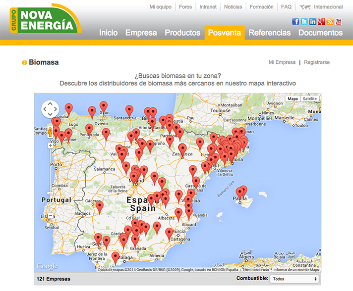 Mapa interactivo de proveedores de biomasa creado por Grupo Nova Energía