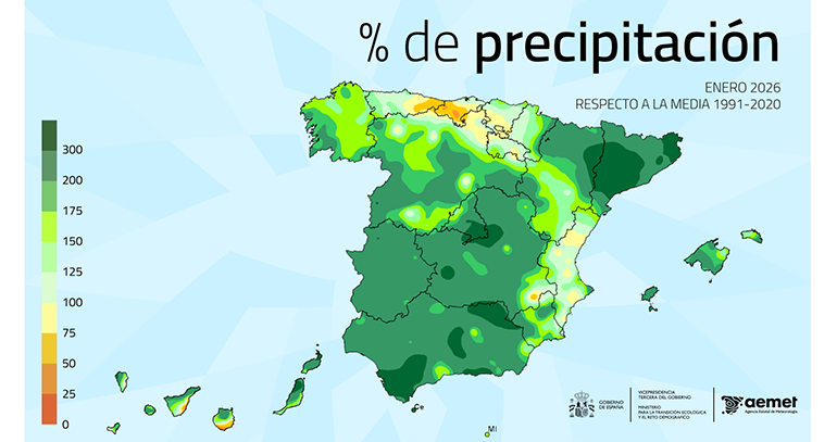 Enero de 2026, el más lluvioso en España en 25 años, según AEMET